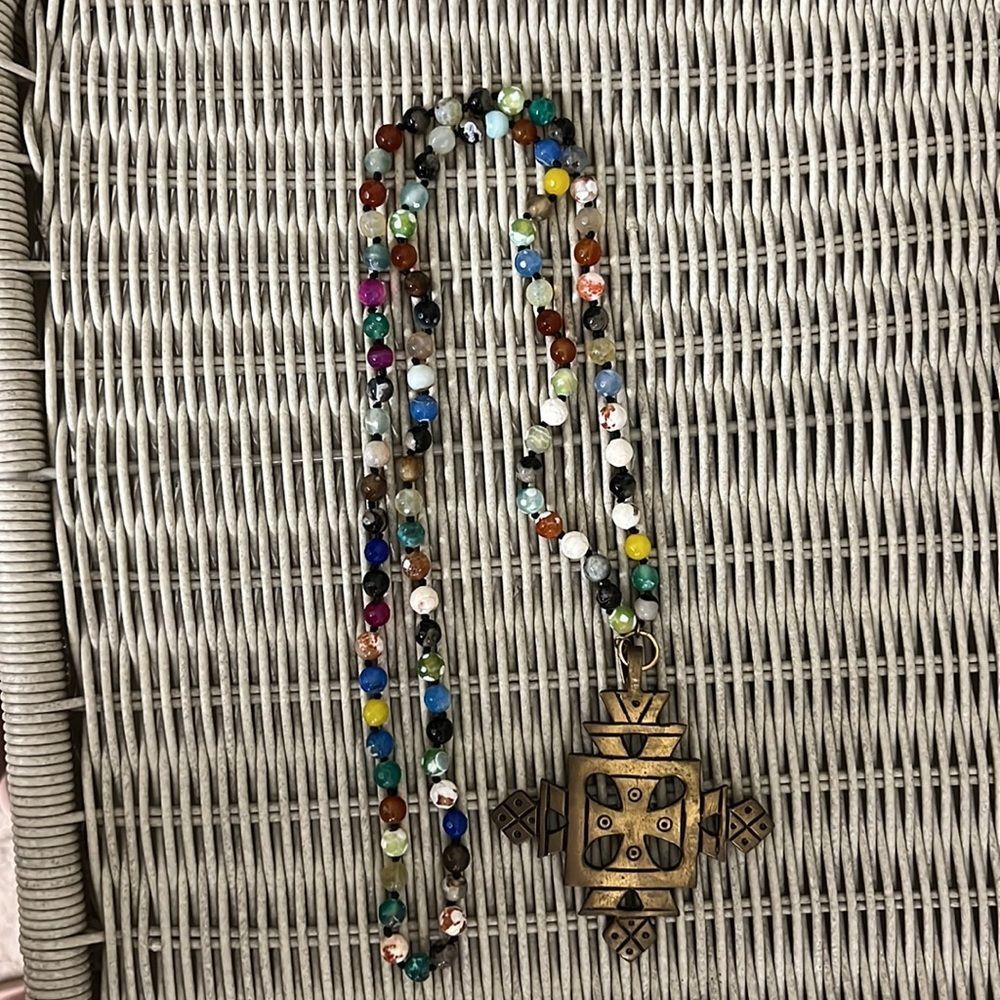 Beautiful Brass Ethiopian Cross With Hand Tied Glass Beads STUNNING!! 22 in